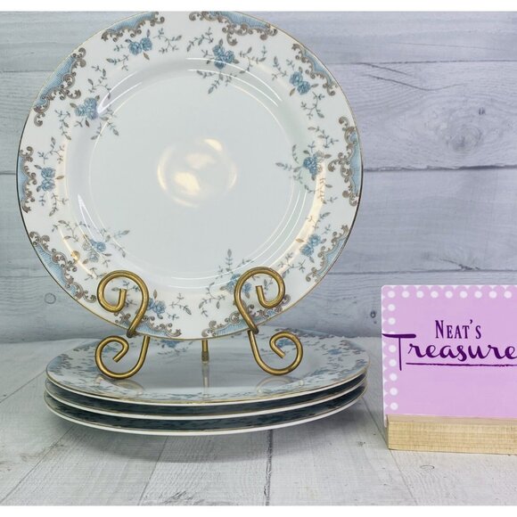 Vintage Seville IMPERIAL W Dalton Blue Rose Gray Scroll Dinner Plate Set 4 Japan - Picture 1 of 10
